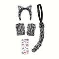 Detailed flat lay of Halloween wolf costume set with plush ears, tail and wristbands - Grey Wolf 4-Piece Set (with Tattoo Stickers)