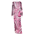 Detail of pink and black mesh maxi dress featuring lettuce trim and abstract vortex print - S / Purple