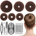 Brown hair bun maker set with donut mesh rings and black styling tools in high detail - 35-Piece Coffee / Brown