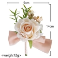 Pink artificial rose wedding boutonniere with silk ribbon and green leaf details - Champagne-Boutonniere