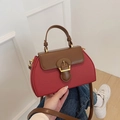 Red and brown color block leather crossbody bag with metal buckle and top handle - Red