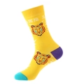 Yellow cotton mid-tube socks featuring colorful tiger patterns and GER 1 text - 891 Tiger Yellow