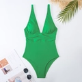 Detailed texture of green V-neck one-piece swimsuit with ribbed fabric and waist ruching - S / Green