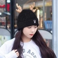 Cute black knitted beanie with plush reindeer antlers and deer embroidery for winter warmth - 08208-Antler Embroidery Style / Black
