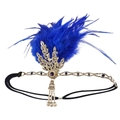 Detail of vintage 1920s headpiece with blue feathers, rhinestones and pearls on black band - Style 5-Blue Feather