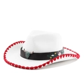 White western cowboy hat with red trim, bull head buckle and floral embroidery - M(56-58cm) / White Hat With Red Stitch