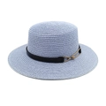 Detail of lavender straw flat top hat featuring a black leather band and gold buckle - M (56-58cm) / Sky Blue