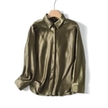 Elegant olive green satin shirt with batwing sleeves and a glossy silk finish on a hanger - S / Olive Green