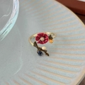 Vintage golden open ring with handmade red enamel flower and branch detailing - Adjustable Open / Vintage Enamel Flower Style (J3272)