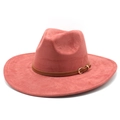 Close-up of pink suede fedora hat with brown leather band and gold metal buckle detail - M(56-59CM) / Brick Red
