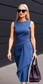 Detail view of the pleated waist design on a blue sleeveless slim fit midi dress - S / Blue