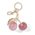 Sparkly pink resin cherry keychain with golden metal ring and hook accessory - Pink Glitter Gold Buckle (KC2406)