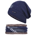 Set berretto e scaldacollo in maglia blu navy da uomo con calda fodera in pile e motivi - Blu Notte