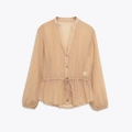 Schicke beige plissierte Langarmbluse mit V-Ausschnitt und Tunnelzug für Damen - S / Tops