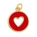 Gold plated copper circular pendant with red enamel finish and hollow heart design - Red Cutout Heart-L281214