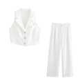 Elegante witte tweedelige set met 3D-bloemvest en broek met wijde pijpen - XS / Wit