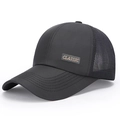 Black mesh baseball cap for men featuring a gold Classic embroidery patch and long brim - Adjustable / Gray