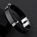 Close-up of men's braided leather bracelet with stainless steel plate and clasp details - KZ19-Leather-Black