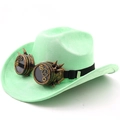 Macro detail of mint green suede cowboy hat with steampunk spiked goggles and gears - M(56-58cm) / Fruit Green