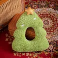 Green plush Christmas tree pillow with gold star and embroidery on vintage red carpet - Christmas Tree / 42cm