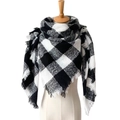 Classic black and white checkered plaid scarf for women with fringe details on a mannequin - Simple Black and White Plaid