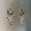 Bohemian crystal drop tassel earrings with teardrop hollow design and colorful gems - Vintage Palace Tassel Earrings / Gold & Black (5#)