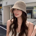 Chic beige knitted hollow bucket hat for women with a breathable summer design - Hollow Out Khaki