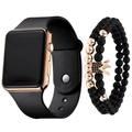 Detail of rose gold smart watch with black silicone band and beaded crown bracelet set - Black Rose Gold + Bracelet