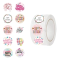 Roll of 500 cartoon happy birthday stickers with colorful cake and balloon designs - Happy Birthday Series