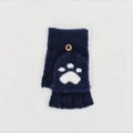 Donkerblauwe pluchen vingerloze handschoenen met witte pootafdruk en houten knoop - Eén maat / Marineblauw & Wit