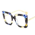 Fashionable oversized square sunglasses with blue, yellow, and white marble patterned frames - Blue Yellow Floral Frame Transparent Lenses