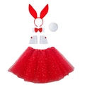 Set costume da coniglio rosso con orecchie, colletto, polsini, coda e gonna tutu stella - Set da 5 Pezzi Rosso