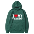 Dark green hoodie sweatshirt with I Love My Girlfriend print and kangaroo pocket - S / Tops / Dark Green