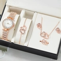 Rose gold watch and jewelry set with interlocking hearts in a black gift box - Rose Gold Rhinestone (5pcs Set)