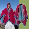 Ethnic knit hooded poncho with red fabric and blue pattern for outdoor travel wear - 150*130cm / Pink