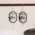 Chinese ink bamboo hexagonal fan earrings with a white teardrop pearl drop - White K Square Fan Ink Bamboo (10491)