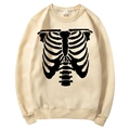 Fleece-lined apricot drawstring hoodie with black rib cage skeleton graphic print - S / Tops / Apricot (Black Skeleton Ribs)