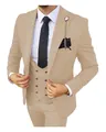 Detail of apricot three-piece suit with double-breasted vest and metal chain brooch - Beige