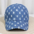 Close-up of distressed blue denim baseball cap with sparkling silver sequins - Style 25-Blue Denim Distressed Sequins