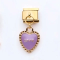 Golden heart charm with purple enamel and LOVE lettering for stainless steel bracelets - Love Heart