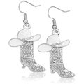 Western style cowgirl boot and hat drop earrings with white enamel and sparkling zircons - Style 15 (White Hat Silver Boot)
