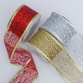 Detail of red, gold and silver glitter mesh ribbons with wire edges for holiday decor - Customizable Other Colors