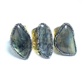 Three-piece gold hammered rings set featuring iridescent labradorite gemstones in blue hues - Adjustable / Gold + Natural Gray