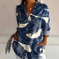 Women's casual long sleeve shirt featuring blue ocean wave and fish prints in relaxed fit - S / Navy Blue