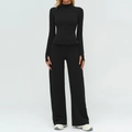 Three-piece black yoga set featuring hooded zip jacket with thumbholes and wide leg pants - S / Top And Bottom / Premium Black
