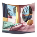 Detail of 3D surrealist tapestry showing pink arches and tropical palms on soft fabric - Style ZJ520-8 / 73X95CM Brushed Fabric