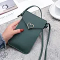 Dark green touchscreen crossbody phone bag with litchi grain and gold heart clasp - Dark Green