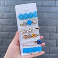 Candy blue hair clip set with resin heart, flower, and pearls on cards - Lanmei Blue (6 Piece Set)