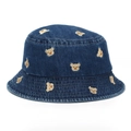 Dark blue denim bucket hat featuring embroidered brown bear patterns for toddlers - 50cm (Recommended 1-3 Years) / Bear - Mid Blue
