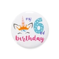 Tinplate unicorn 6th birthday pin-back button badge with cute pink horn and crown design - Number 6